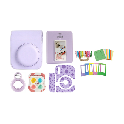 [CLEARANCE] Pikxi MB12-802 PU Leather Camera Bag Case Set for Fujifilm Instax Mini 12 with 64 Pockets Photo Album, Selfie Mirror, 4 Color Lens Filter, 10 Paper Photo Frame, 5 Colorful Photo Frame, 20 Frame Stickers, Camera Sticker (Clay White)