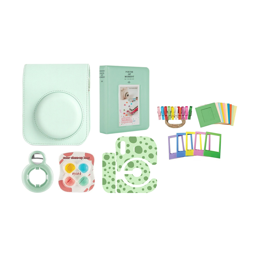 [CLEARANCE] Pikxi MB12-802 PU Leather Camera Bag Case Set for Fujifilm Instax Mini 12 with 64 Pockets Photo Album, Selfie Mirror, 4 Color Lens Filter, 10 Paper Photo Frame, 5 Colorful Photo Frame, 20 Frame Stickers, Camera Sticker (Clay White)