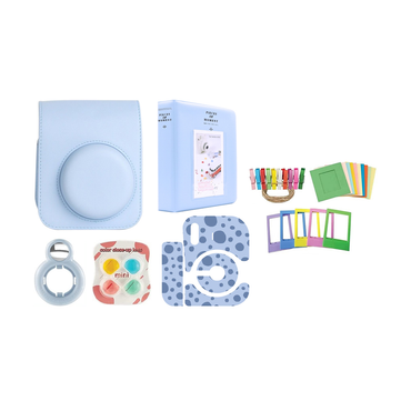 [CLEARANCE] Pikxi MB12-802 PU Leather Camera Bag Case Set for Fujifilm Instax Mini 12 with 64 Pockets Photo Album, Selfie Mirror, 4 Color Lens Filter, 10 Paper Photo Frame, 5 Colorful Photo Frame, 20 Frame Stickers, Camera Sticker (Clay White)