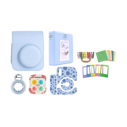 [CLEARANCE] Pikxi MB12-802 PU Leather Camera Bag Case Set for Fujifilm Instax Mini 12 with 64 Pockets Photo Album, Selfie Mirror, 4 Color Lens Filter, 10 Paper Photo Frame, 5 Colorful Photo Frame, 20 Frame Stickers, Camera Sticker (Clay White)