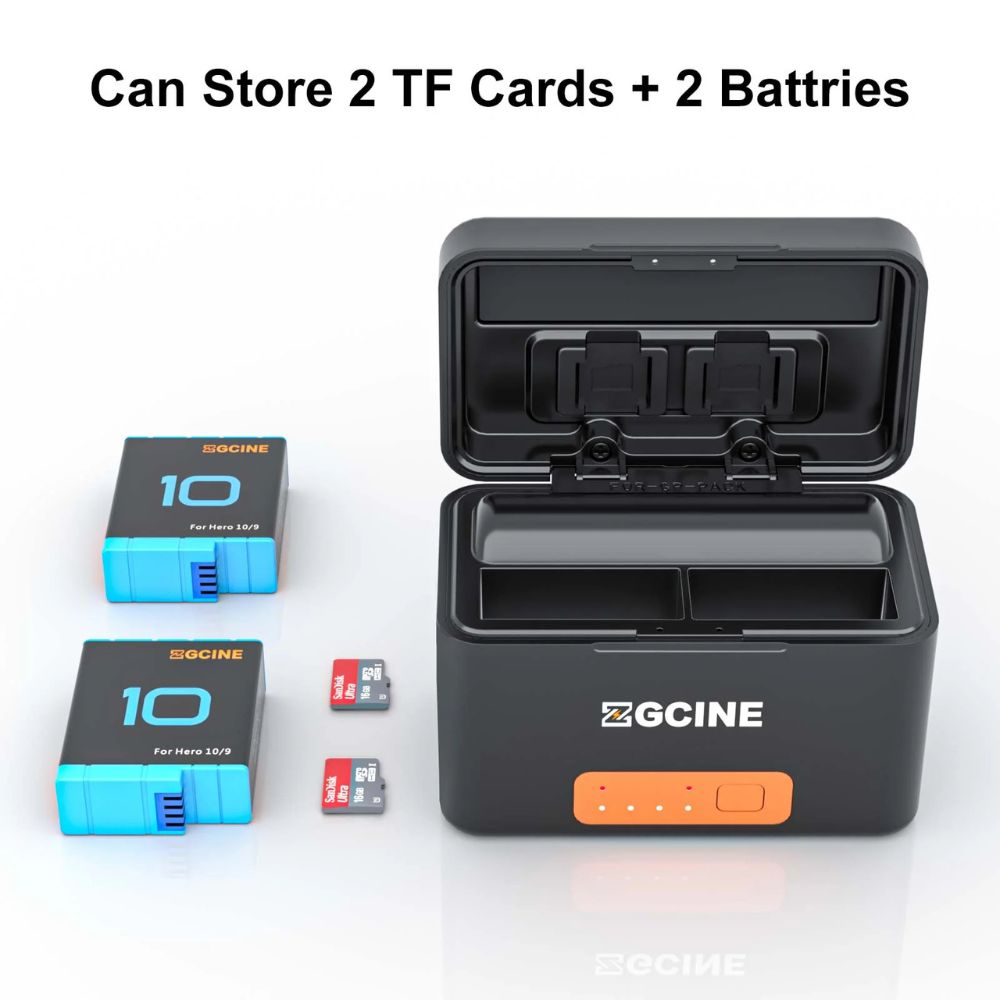 ZGCINE PS-G10 Mini / PS-G10 Mini Kit 2 Battery Charging Case with 2 1800mAh Batteries for GoPro HERO 10/9/8/7/6/5, Power Bank with USB-C PD Input/Output, 2-Slot Charger & 2 MicroSD Card Storage – Portable Charger for GoPro Action Cameras