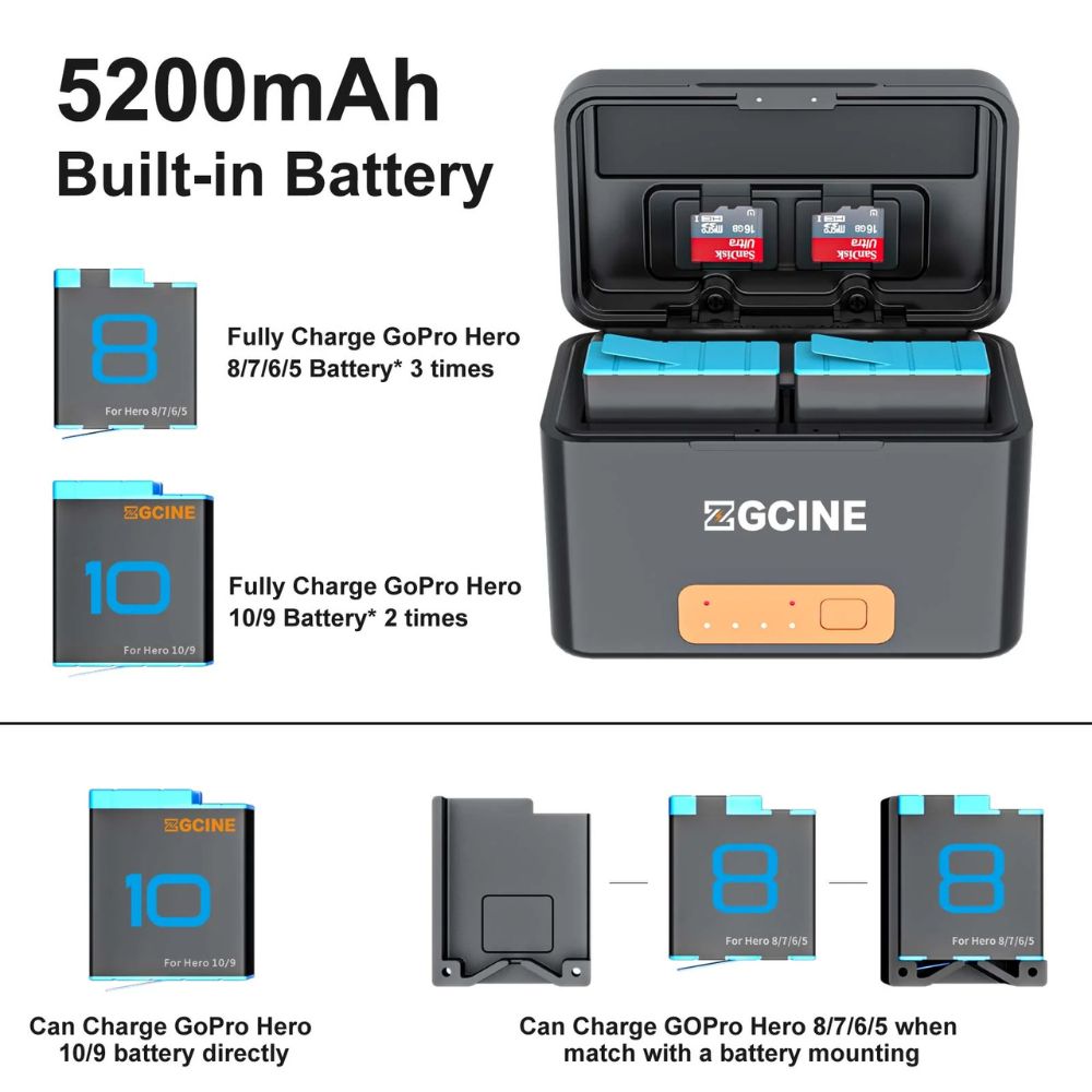ZGCINE PS-G10 Mini / PS-G10 Mini Kit 2 Battery Charging Case with 2 1800mAh Batteries for GoPro HERO 10/9/8/7/6/5, Power Bank with USB-C PD Input/Output, 2-Slot Charger & 2 MicroSD Card Storage – Portable Charger for GoPro Action Cameras