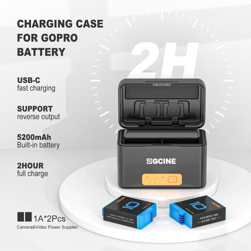ZGCINE PS-G10 Mini / PS-G10 Mini Kit 2 Battery Charging Case with 2 1800mAh Batteries for GoPro HERO 10/9/8/7/6/5, Power Bank with USB-C PD Input/Output, 2-Slot Charger & 2 MicroSD Card Storage – Portable Charger for GoPro Action Cameras