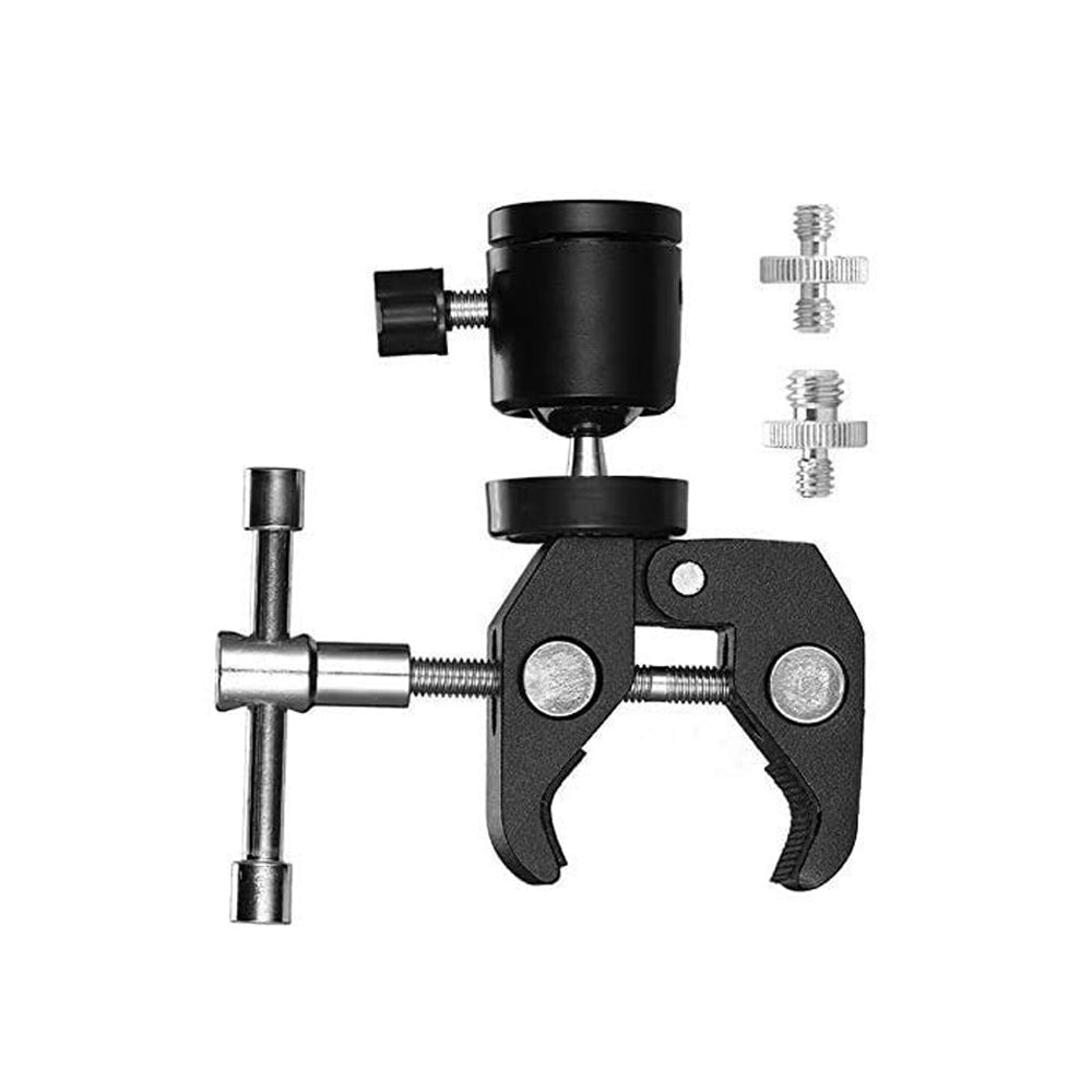 Pxel 1/4" Screw Power Clip Single Ball Head 360° Rotation with Action Camera Mount, Hot Shoe Mount, LED Lights & Camera Mounting for Tripods, Light Stands Studio Photography | AA-SC2