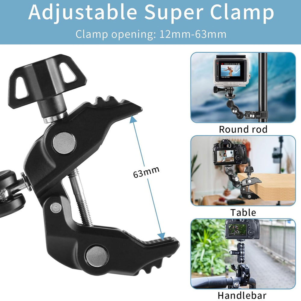 Pxel Aluminum Super Clamp Mount with 1/4" Screw Dual Ball Heads 360° Rotation, Mount Adapter & Phone Holder for LED Lights, Smartphones, DSLR, Action Camera to Motorcycle Bicycle Handlebar Tube and Camera Tripods | AA-SC