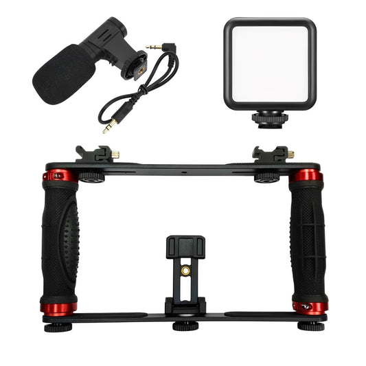 Pxel Handheld Video Kit Cage for Smartphone with Dual Arm Silicon & PVC, Phone Holder, Mini Microphone, Adjustable Mini LED Light, 1/4" Threading & Dual Adjustable Cold Shoe for Video Shoot and Vlogging | AA-VG1 | AA-VG2