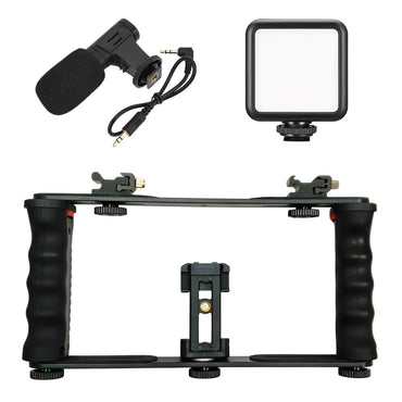 Pxel Handheld Video Kit Cage for Smartphone with Dual Arm Silicon & PVC, Phone Holder, Mini Microphone, Adjustable Mini LED Light, 1/4" Threading & Dual Adjustable Cold Shoe for Video Shoot and Vlogging | AA-VG1 | AA-VG2