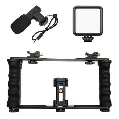 Pxel Handheld Video Kit Cage for Smartphone with Dual Arm Silicon & PVC, Phone Holder, Mini Microphone, Adjustable Mini LED Light, 1/4" Threading & Dual Adjustable Cold Shoe for Video Shoot and Vlogging | AA-VG1 | AA-VG2