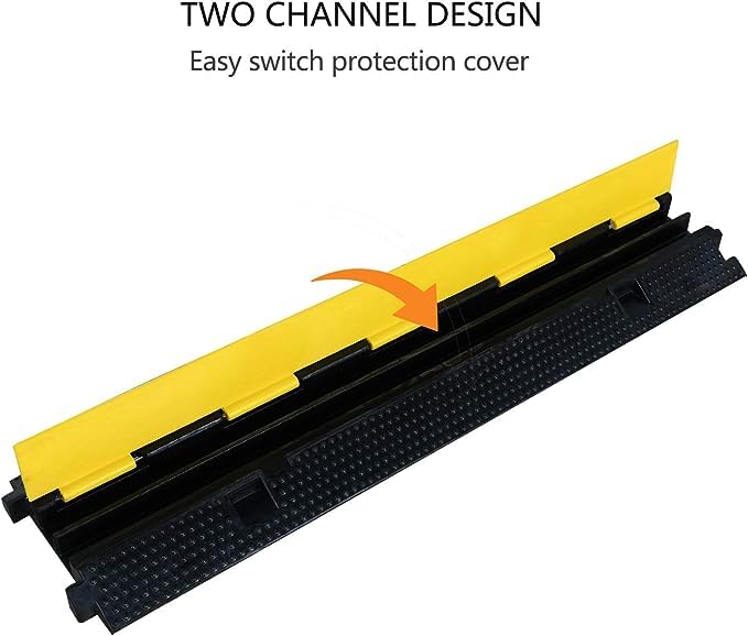 Pxel CR-2C Flip-Open Heavy Duty Cable Hose Rubber Protector Ramp (10 x 40") Floor Cord Cover with 2-Channel Track and Anti Slip Surface for Cables and Wires