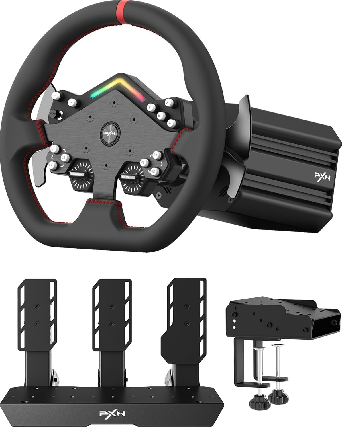 PXN V12 Lite RGB Racing Simulator Gaming Bundle with PD HM Pedal, V12 DDL DD & Servo 6Nm FFB Wheel Base, W DS Steering Wheel and Z9 Desktop Mounting Bracket with Programmable Buttons & Comfortable Grips for PC, PS4 Xbox