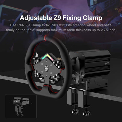 PXN V12 Lite RGB Racing Simulator Gaming Bundle with PD HM Pedal, V12 DDL DD & Servo 6Nm FFB Wheel Base, W DS Steering Wheel and Z9 Desktop Mounting Bracket with Programmable Buttons & Comfortable Grips for PC, PS4 Xbox