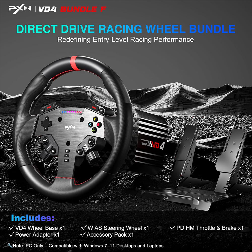 PXN VD6 & VD4 Direct Drive Sim Racing Wheel Bundle with High-Torque Servo Motor Base, Hall Sensor Pedals, Programmable Buttons, Quick Release Steering Wheel & SimRacing Software PC, PS4 / PS5 Pro, Xbox Series, Gaming Console Accessories