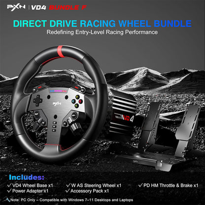 PXN VD6 & VD4 Direct Drive Sim Racing Wheel Bundle with High-Torque Servo Motor Base, Hall Sensor Pedals, Programmable Buttons, Quick Release Steering Wheel & SimRacing Software PC, PS4 / PS5 Pro, Xbox Series, Gaming Console Accessories