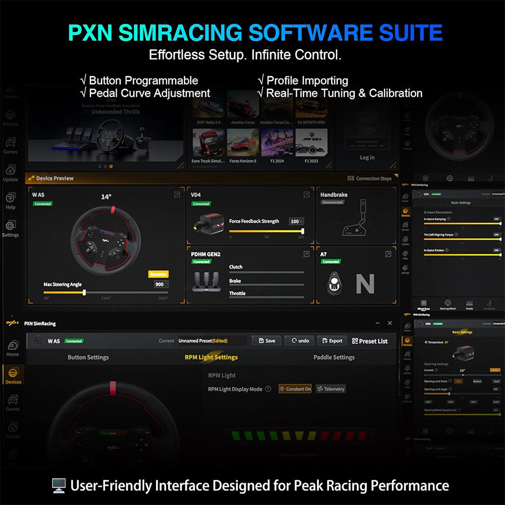PXN VD6 & VD4 Direct Drive Sim Racing Wheel Bundle with High-Torque Servo Motor Base, Hall Sensor Pedals, Programmable Buttons, Quick Release Steering Wheel & SimRacing Software PC, PS4 / PS5 Pro, Xbox Series, Gaming Console Accessories