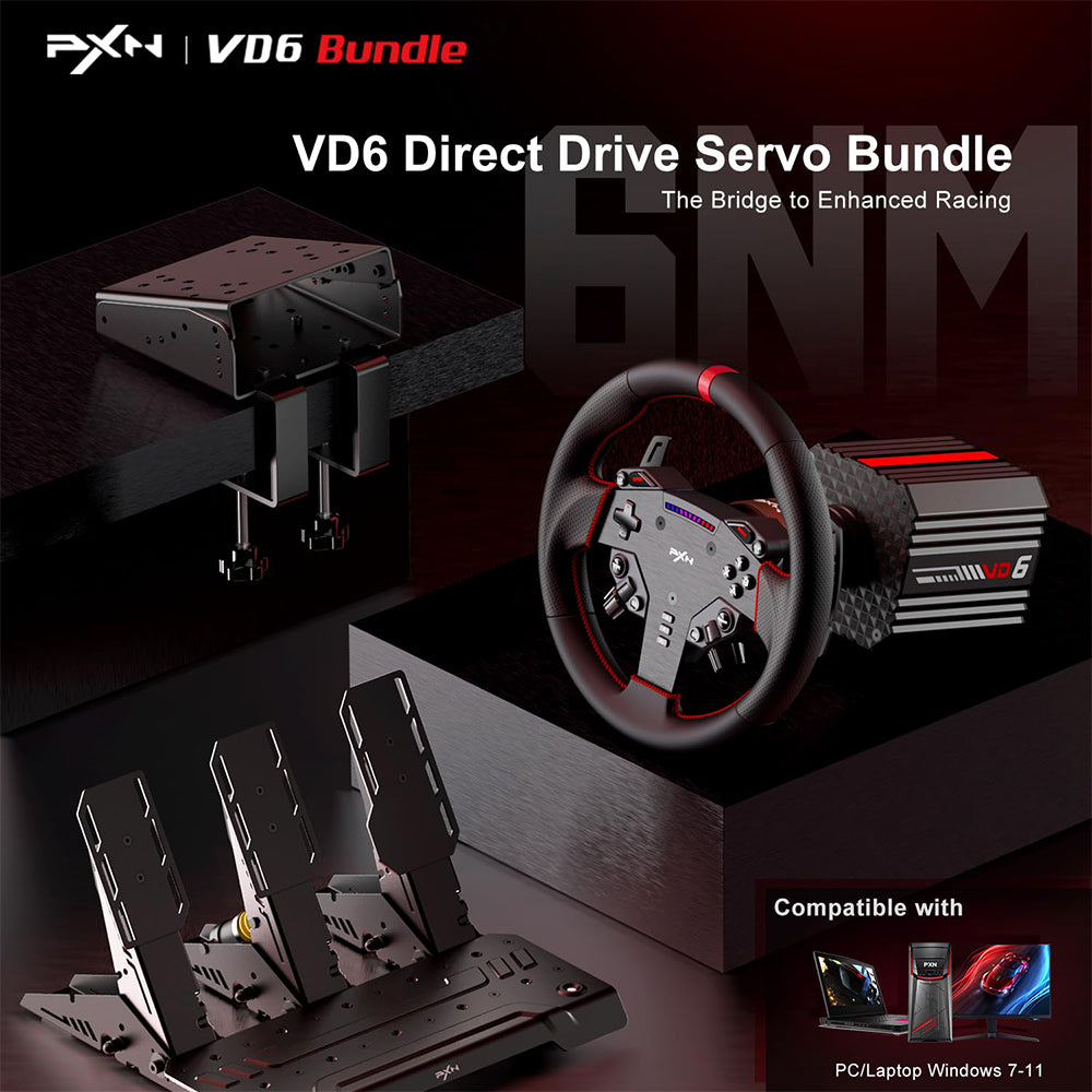 PXN VD6 & VD4 Direct Drive Sim Racing Wheel Bundle with High-Torque Servo Motor Base, Hall Sensor Pedals, Programmable Buttons, Quick Release Steering Wheel & SimRacing Software PC, PS4 / PS5 Pro, Xbox Series, Gaming Console Accessories