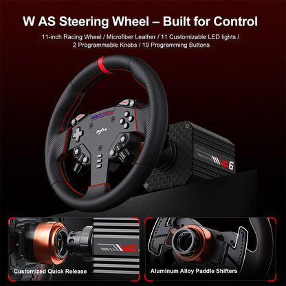 PXN VD6 & VD4 Direct Drive Sim Racing Wheel Bundle with High-Torque Servo Motor Base, Hall Sensor Pedals, Programmable Buttons, Quick Release Steering Wheel & SimRacing Software PC, PS4 / PS5 Pro, Xbox Series, Gaming Console Accessories