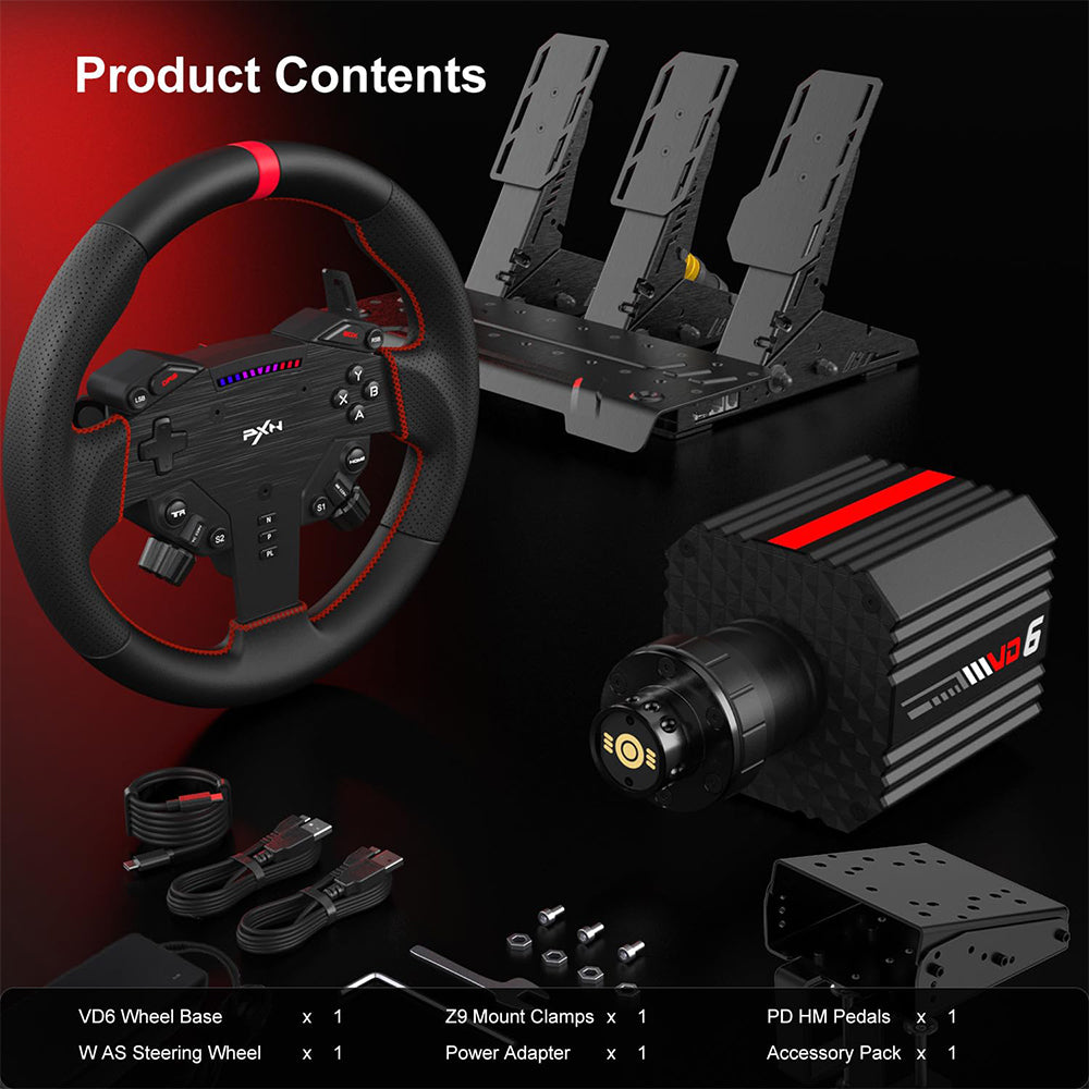 PXN VD6 & VD4 Direct Drive Sim Racing Wheel Bundle with High-Torque Servo Motor Base, Hall Sensor Pedals, Programmable Buttons, Quick Release Steering Wheel & SimRacing Software PC, PS4 / PS5 Pro, Xbox Series, Gaming Console Accessories