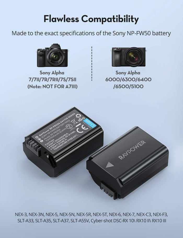 RAVPower (2-Pack) NP-FW50 NPFW50 Battery & Dual Charger Kit for Sony Alpha a6000, a6400, a6100, a6300, a6500, a7, a7 II, a7R, a7R II, a7R2, a7S, a7S II, a7S2, a55, RX10, NEX-3/5/7 Digital Camera with Micro USB and Type C Charging Port