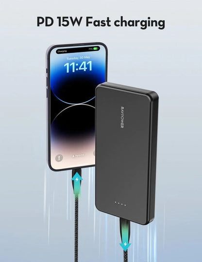 [CLEARANCE] RAVPower 10000mAh 3-Port PD Pioneer 15W Fast Charging Power Bank with i-Smart Technology, Two-Way Type-C In/Out, LED Indicator Light, and Portable Design for Smartphone and iPad | RP-PB1215