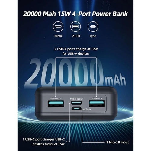 RAVPower PD Pioneer 15W Fast Charging Power Bank with 10000mAh (3-Port) / 20000mAh (4-Port), i-Smart Technology, Two-Way Type-C In/Out, LED Indicator Light, and Portable Design for Smartphone and iPad | RP-PB1215 RP-PB1216