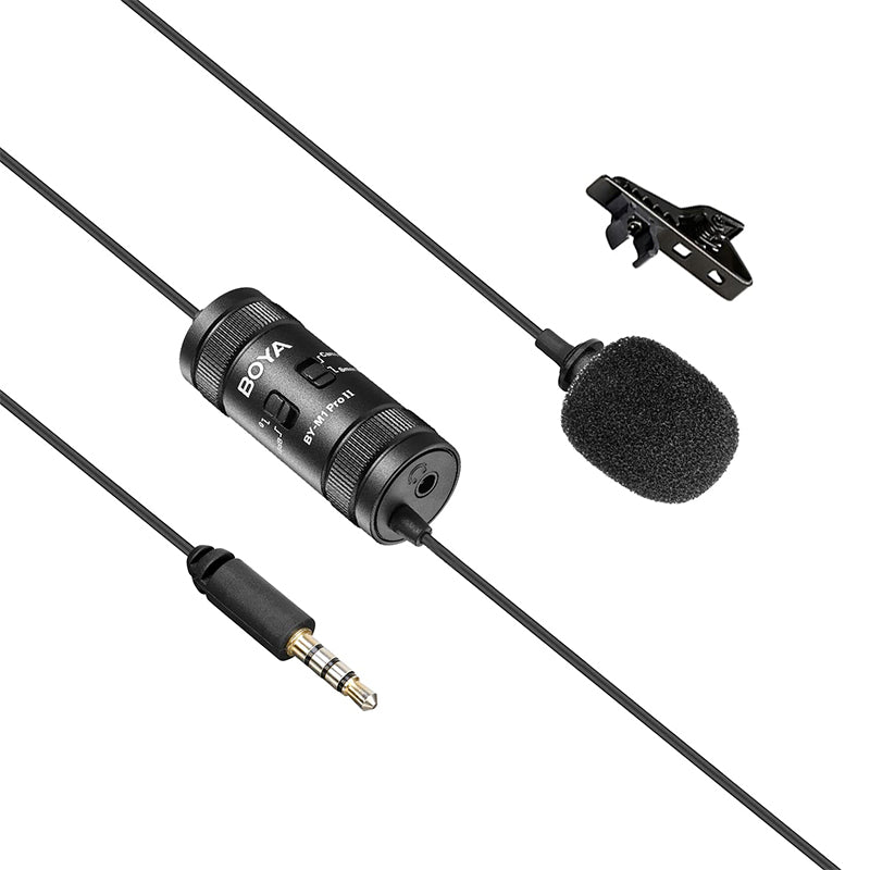 Boya BY-M1 Pro / BY-M1 Pro II Universal Lavalier Condenser Microphone with Clip-On, 3.5mm TRRS Jack Connector and Manual Noise Reduction for Smartphones, Cameras, TikTok, Vlogging, Podcasting, Recording, Computer