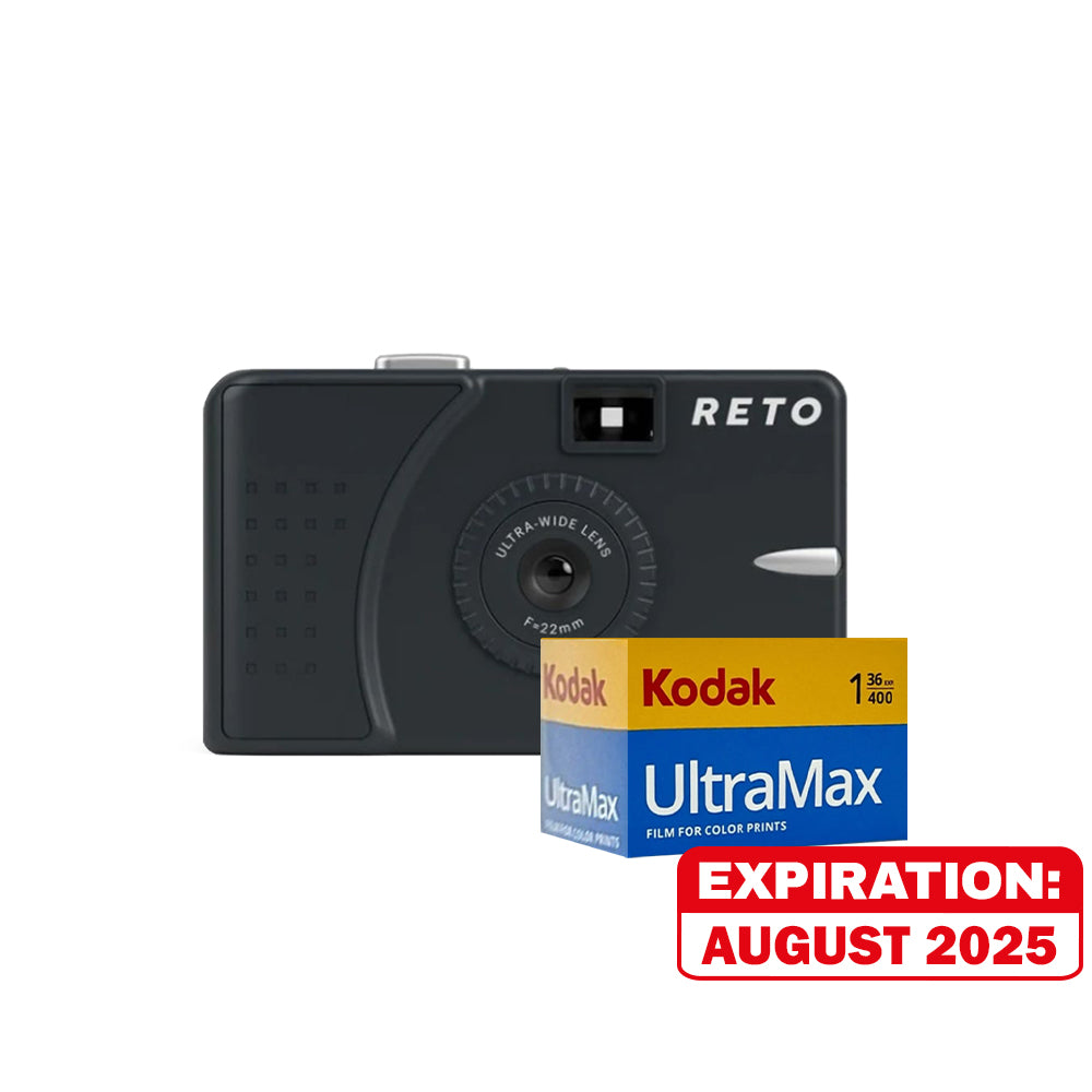 RETO Ultra Wide & Slim Reusable Film Camera and KODAK / ILFORD Film Cartridge Bundle with 22mm Ultra-Wide-Angle Lens, 135 35mm Film Format for Vintage Point and Shoot Photography | Charcoal