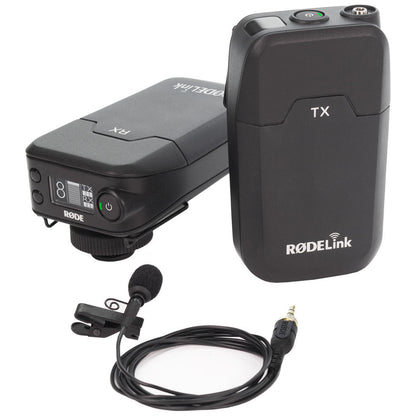 Rode RodeLink Filmmaker Kit (TX + RX) Digital On-Camera 2.4GHz Wireless Omnidirectiol Condenser Lavalier Microphone Set with 100m Max Operating Range, 3.5mm TRS Output, OLED Display, USB / AA Battery Power for Vlog Vlogging, Interviews