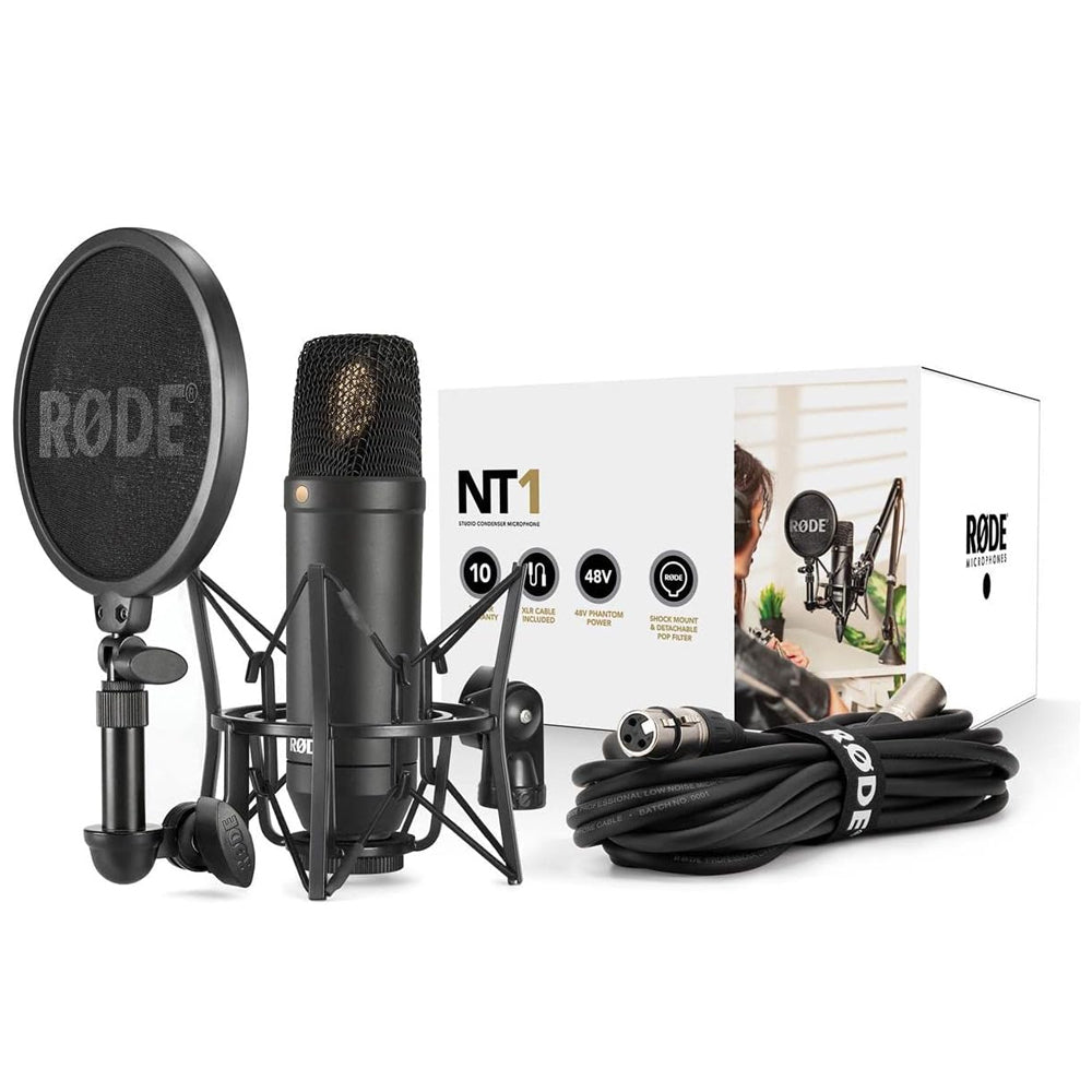 RODE NT1 Large-Diaphragm Condenser Microphone with SM6 Shock Mount, Pop Filter & Dust Cover Mic Kit | Cardioid Polar Pattern | Ultra-Low Noise | Wide Dynamic Range | for Vocals, Instrument Recording & Live Stage Performance