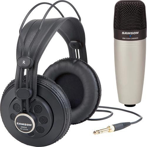 Samson C01 SR850 Cardioid Condenser Microphone Headphone Bundle Kit Set with 10Hz to 30kHz Frequency Response, 19mm Large Diaphragm, Enhanced Ambient Listening, & Gold Plated XLR Connector for Studio, Podcast, Recordings, Acoustics