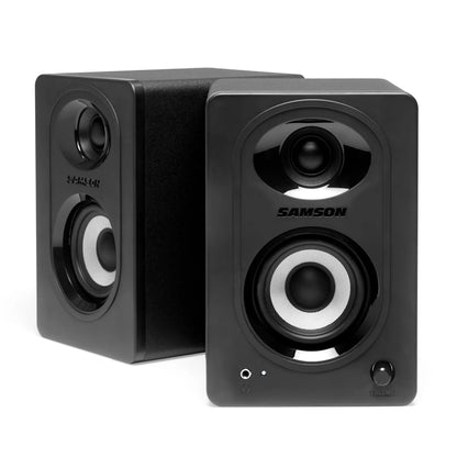 [CLEARANCE] Samson MediaOne M30BT 20W Powered Stereo Two-way Bluetooth Studio Monitor Speakers with 3" Carbon Fiber Woofers, 3/4" Slik-Woven Dome Tweezers, 3.5mm Headphone & Subwoofer Outs for Music Recording, Video Editing, Gaming Livestreaming