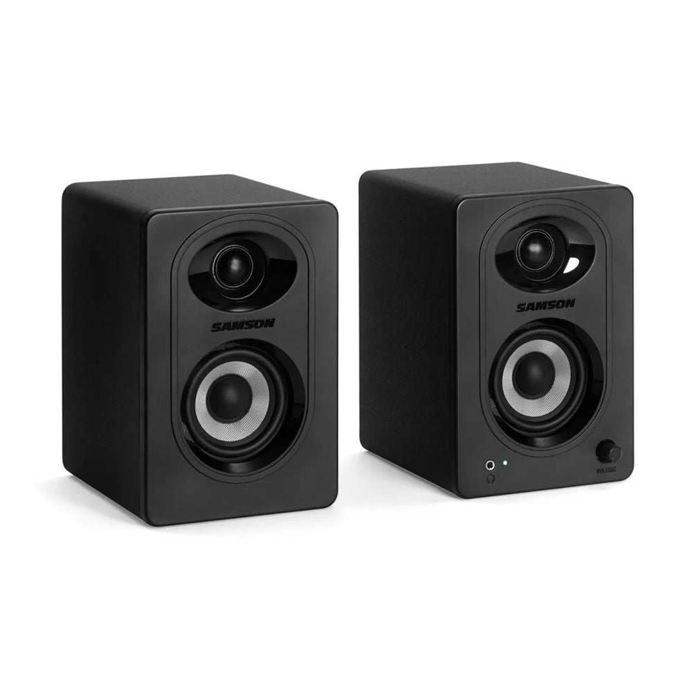 Samson MediaOne M30BT 20W Powered Stereo Two-way Bluetooth Studio Monitor Speakers with 3" Carbon Fiber Woofers, 3/4" Slik-Woven Dome Tweezers, 3.5mm Headphone & Subwoofer Outs for Music Recording, Video Editing, Gaming Livestreaming