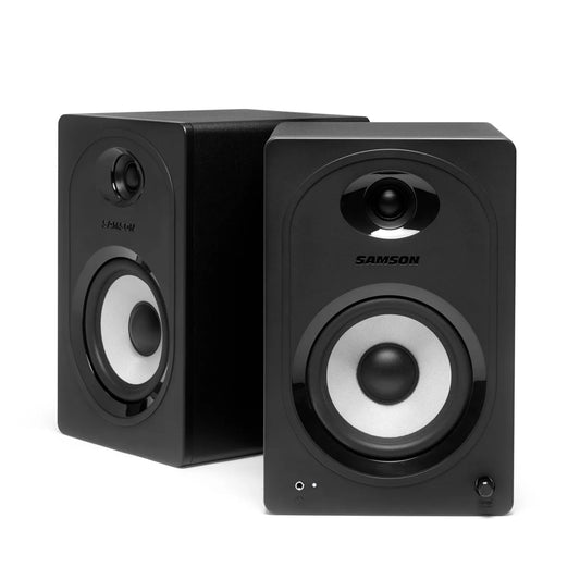 Samson MediaOne M50BT 80W Powered Stereo Two-way Bluetooth Studio Monitor Speakers with 5.25" Carbon Fiber Woofers, 3/4" Slik-Woven Dome Tweezers, 3.5mm Headphone & Subwoofer Outs for Music Recording, Video Editing, Gaming Livestreaming