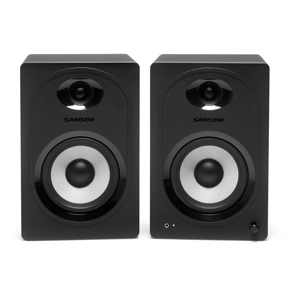 Samson MediaOne M50BT 80W Powered Stereo Two-way Bluetooth Studio Monitor Speakers with 5.25" Carbon Fiber Woofers, 3/4" Slik-Woven Dome Tweezers, 3.5mm Headphone & Subwoofer Outs for Music Recording, Video Editing, Gaming Livestreaming