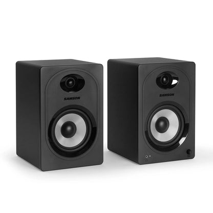 Samson MediaOne M50BT 80W Powered Stereo Two-way Bluetooth Studio Monitor Speakers with 5.25" Carbon Fiber Woofers, 3/4" Slik-Woven Dome Tweezers, 3.5mm Headphone & Subwoofer Outs for Music Recording, Video Editing, Gaming Livestreaming