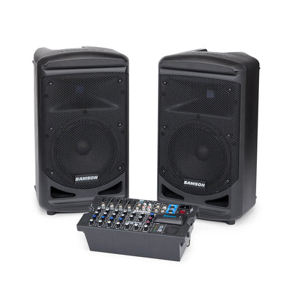 Samson Expedition XP800 All in One Public Address PA Speaker System with PAIR 2 Way 8" Powered Speakers, 800W Amplifier, Removable 8 Channel Audio Mixer, and 4 Line In / Microphone Inputs with Bluetooth Connectivity