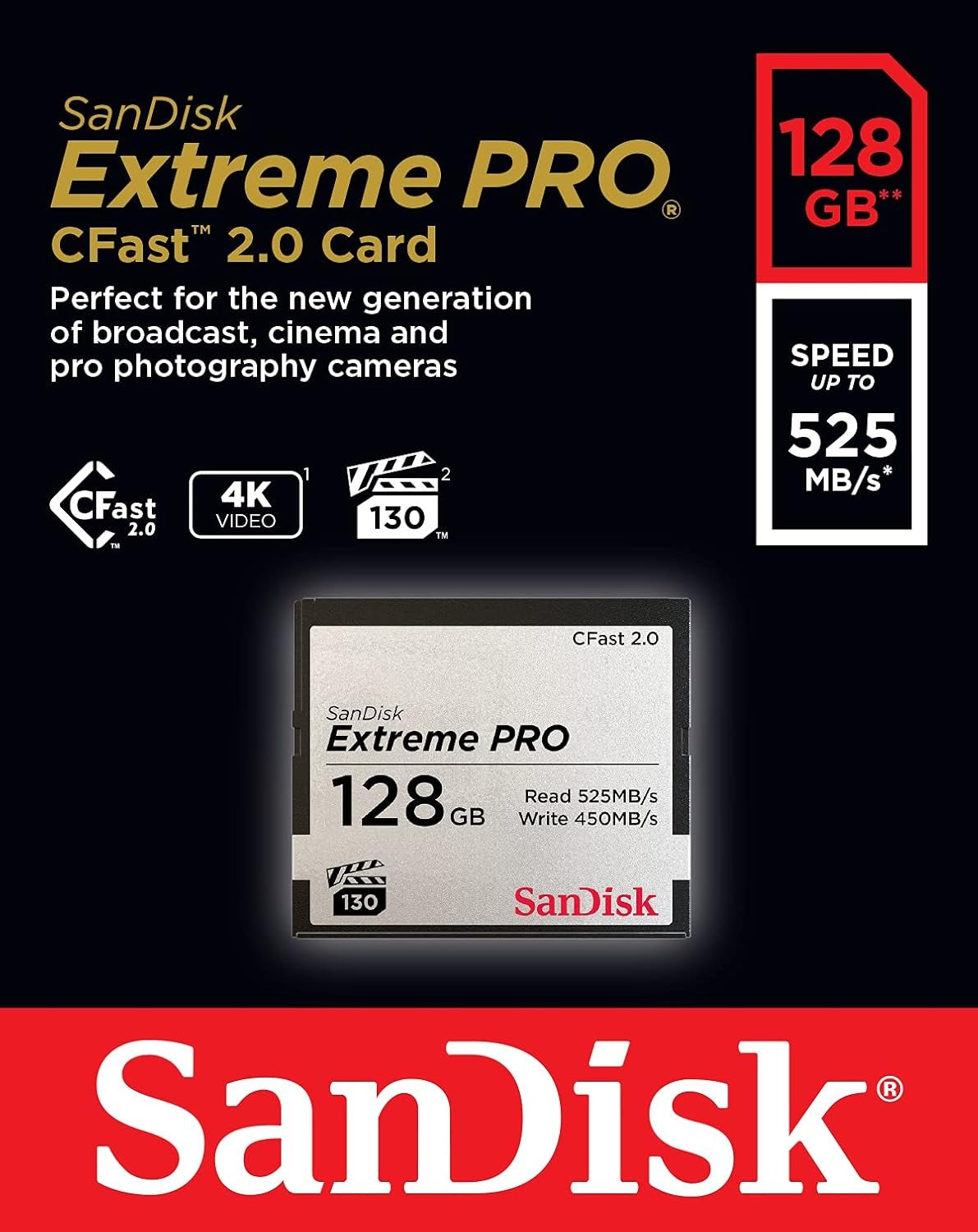 SanDisk Extreme PRO 128GB 64GB Compact Flash CFast 2.0 Memory Card VPG-130, 3500x Speed (X-Rating), 525MB/s Read and 430MB/s Write Speed SATA III 6GB/s Bus and 4K UHD DCI Video Recording