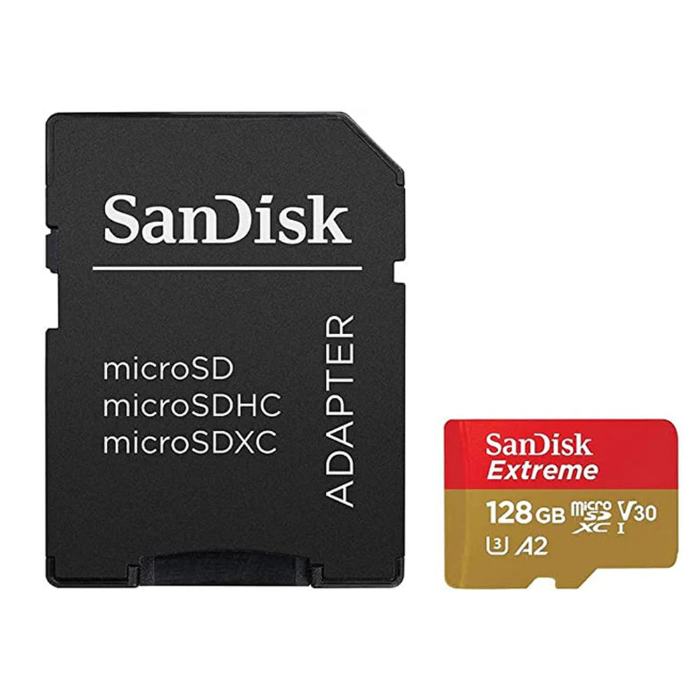 SanDisk Extreme microSDXC UHS-I V30 U3 A2 128GB Memory Card with Adapter - 160MB/s Read and 90MB/s Write Speed for Action Cameras and Drones | SDSQXA1-128-GN6AA