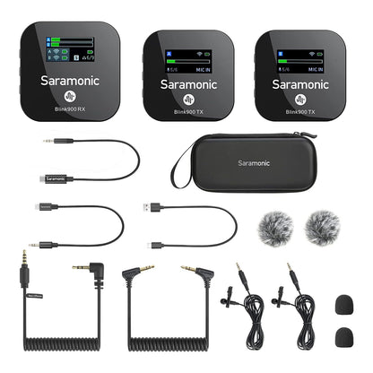 Saramonic Blink 900 B2 (Dual TX + RX) 2.4GHz Wireless Microphone System with Omnidirectiol Lavalier Microphones, 200m Max Transmission Range, Mute / Stereo & Mono Mode, 6 Hours Battery Life with 4500mAh Charging Case for Vlog Vlogging