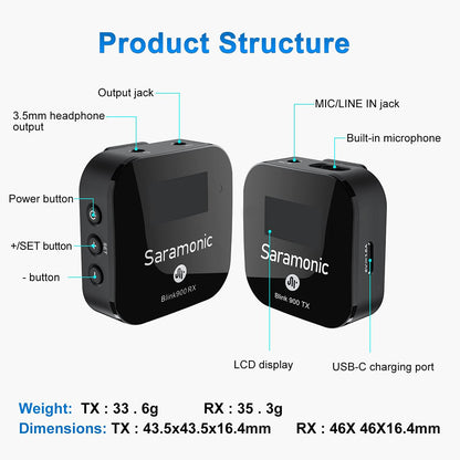 Saramonic Blink 900 B2 (Dual TX + RX) 2.4GHz Wireless Microphone System with Omnidirectiol Lavalier Microphones, 200m Max Transmission Range, Mute / Stereo & Mono Mode, 6 Hours Battery Life with 4500mAh Charging Case for Vlog Vlogging
