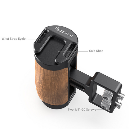 SmallRig QR Quick Release Mini Wooden Side Handle Grip with Dual 1/4"-20 Screw Mount, 3.5kg Load Capacity & Vertical Adjustment, Built-in Hex Spanner, Wrist Strap Slot and Cold Shoe Mount for Mirrorless Cameras 2913