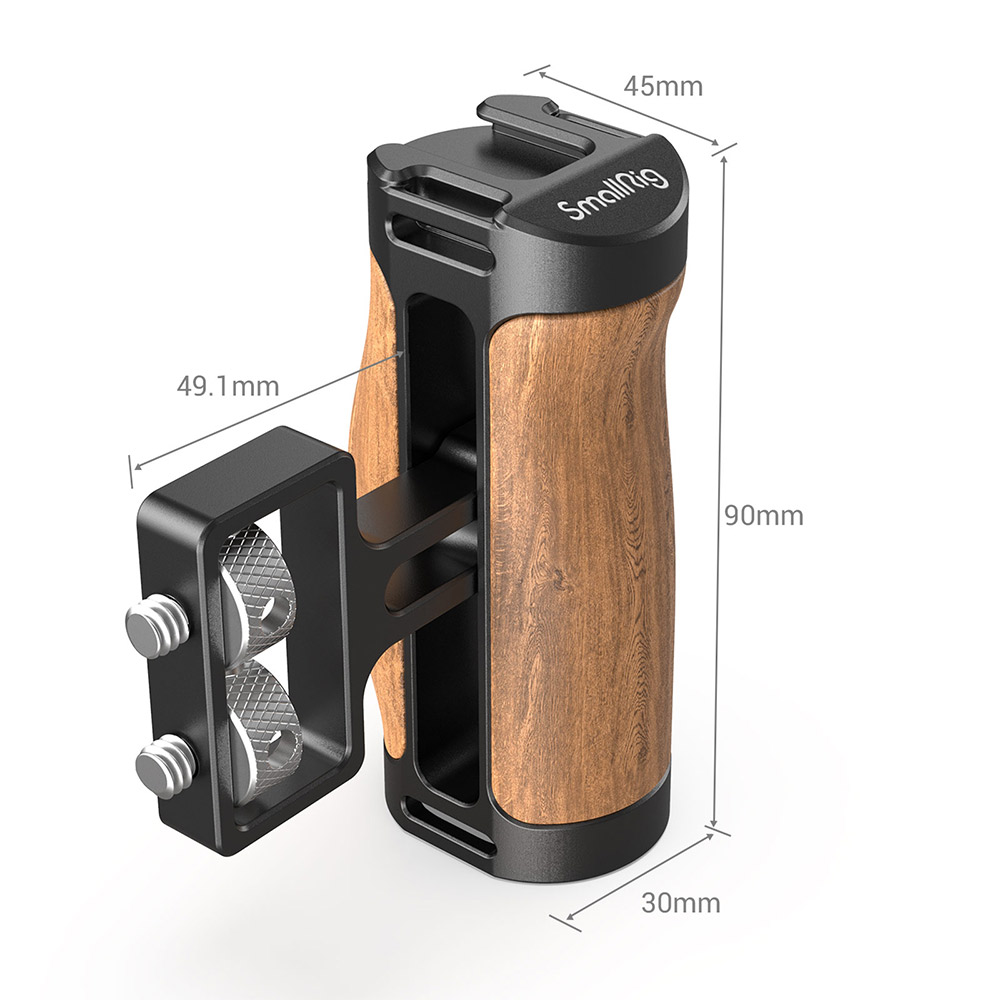 SmallRig QR Quick Release Mini Wooden Side Handle Grip with Dual 1/4"-20 Screw Mount, 3.5kg Load Capacity & Vertical Adjustment, Built-in Hex Spanner, Wrist Strap Slot and Cold Shoe Mount for Mirrorless Cameras 2913