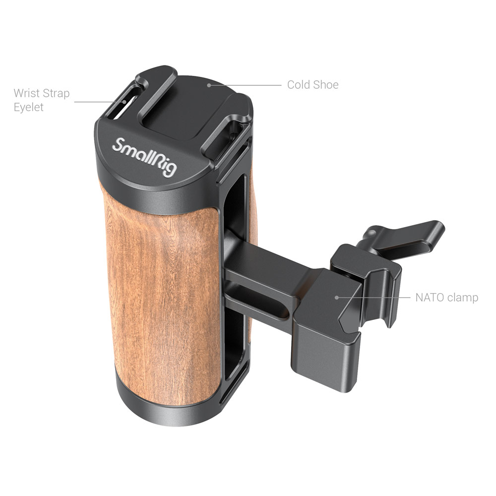 SmallRig QR Quick Release Wooden NATO Mini Side Handle Grip with Adjustable NATO Clamp Mount, 3.5kg Load Capacity, Cold Shoe, Strap Hole & Clamp, and Hex Spanner for DSLR Mirrorless Cameras 2915