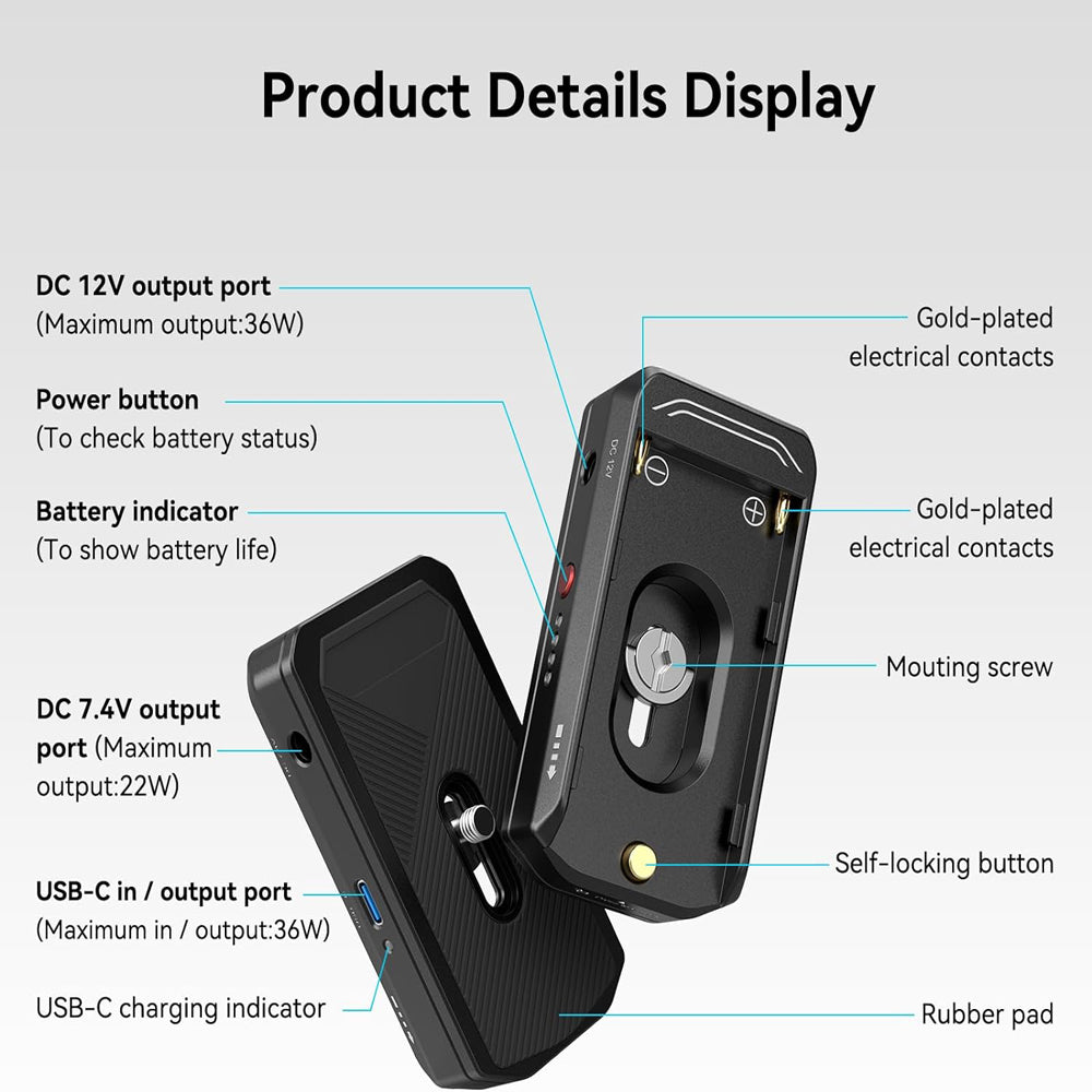 SmallRig NP-F/L-Series Aluminum Battery Plate with 18W USB Type-C Input / Output Port, LED Status Indicators, 12 and 7.4 VDC Barrel Outputs for Sony L-Series Camera 3168