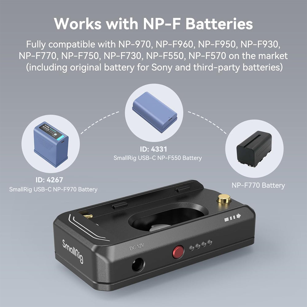 SmallRig NP-F/L-Series Aluminum Battery Plate with 18W USB Type-C Input / Output Port, LED Status Indicators, 12 and 7.4 VDC Barrel Outputs for Sony L-Series Camera 3168