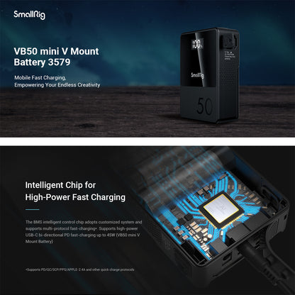SmallRig VB50 Mini V Mount Battery (50Wh) with Safe & Fast Bi-Directional Charging, Multiple Interfaces & OLED Display for Cameras, Camcorders, Drones, Gimbals, Phones, Tablets, Laptops, Video Lights & Field Monitors | 3579 Black