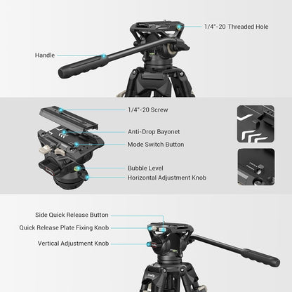 SmallRig AD-01 Heavy Duty Fluid Tripod with 8Kg Load Capacity and 360 Degree Rotatable Head with Built-in Spanner for Indoor/Outdoor Photography