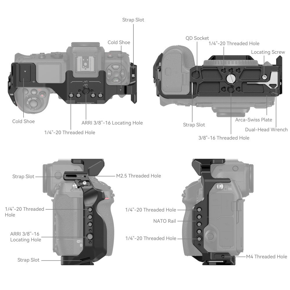 SmallRig Aluminum Formfitting Full Camera Cage for Nikon Z8 with Arca-Swiss Type Quick Release Plate, 1/4"-20 Threaded Holes, ARRI 3/8" -16 Locating Holes, Cold Shoe Mount, NATO Rail, Strap Hole, and QD Socket Support | 3940