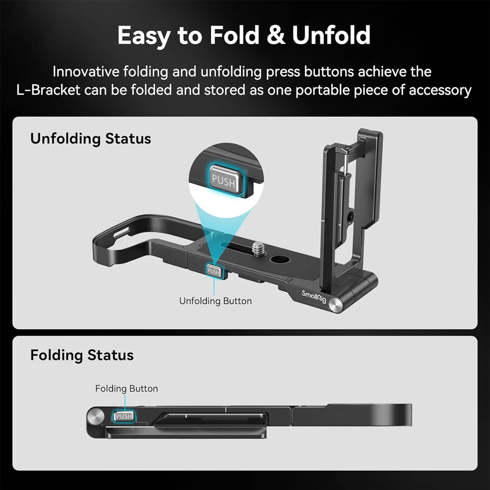 SmallRig Aluminum Foldable Camera L-Bracket for Canon EOS R8 & EOS RP Full-Frame Mirrorless Cameras with Arca-Swiss Type Quick Release Plate, Slotted Side Port Access, 1/4"-20 Threaded Hole, Hand Strap Slot, Quick Disconnect Socket | 4211