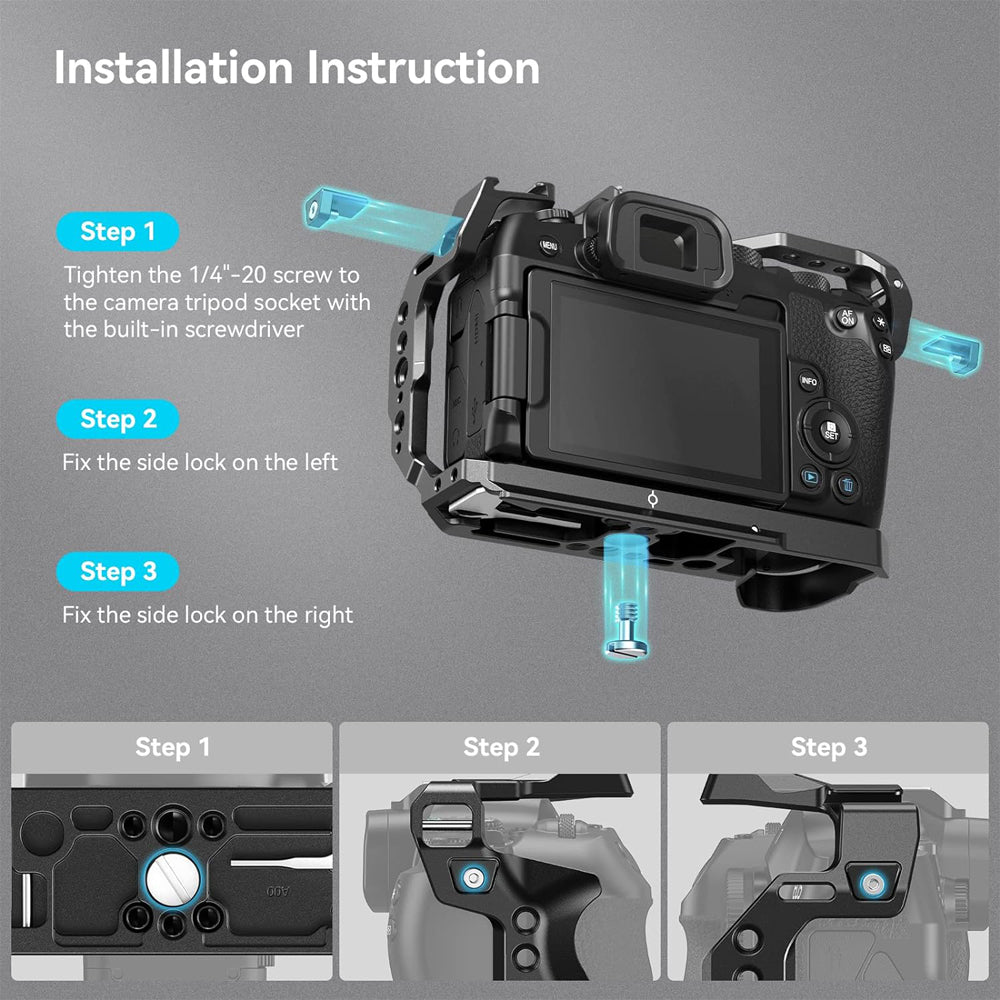 SmallRig Aluminum Formfitting Full Camera Cage for Canon EOS R8 with Arca-Swiss Type Quick Release Plate, 1/4"-20 Threaded Holes, ARRI 3/8" -16 Locating Holes, Cold Shoe Mount, NATO Rail, Strap Hole, and QD Socket Support | 4212