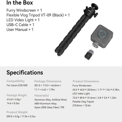 SmallRig VT-09 Flexible Tripod Vlogging Kit for Canon EOS R5 Full-Frame Mirrorless Camera with Panoramic Ball Head, Bi-Color LED Video Light, Furry Microphone Windscreen, 1/4"-20 Screw, 1/4"-20 Thread, Cold Shoe, USB-C Cable | 4213